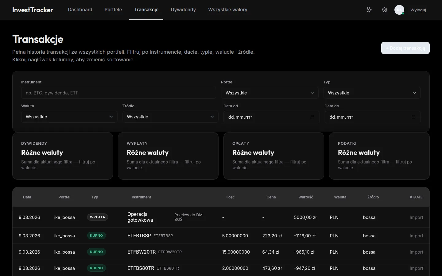 Transaction history with multi-column filters by instrument, date, type, portfolio