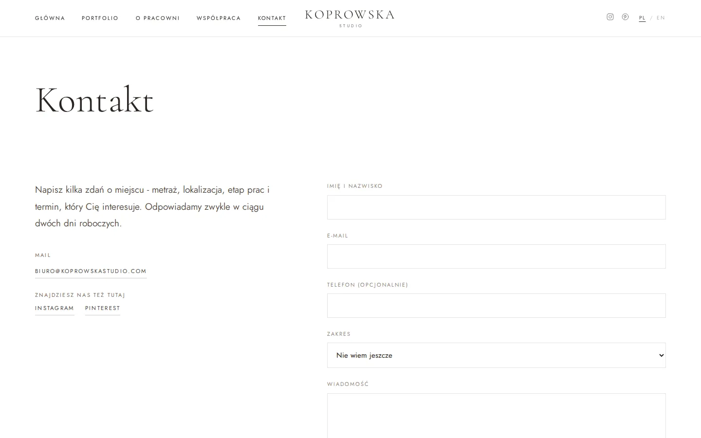 Contact page with a short inquiry form